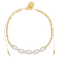 Detail van de verstelbare geweven armband met gouden kralen en imitatieparels - Gouden & Witte Kunstparel Cilinder Kralen Stijl (ZJ15101)