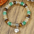 Tijgeroog en aventurijn kralenarmband met zilveren Love-hart hanger op hout - Tijgeroog Aventurijn Harthanger (ZJ15137)