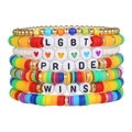 Rainbow LGBT pride beaded bracelet set with heishi clay discs and heart pendant - 5-Piece LGBT Pride Wins Letter Beads Style (ZJ14140)
