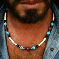 Men's bohemian beaded necklace featuring multi-color wooden beads on a denim shirt model - Multicolor Round Beaded Necklace (ZJ15786)