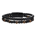 Dubbellaagse herenarmband van gevlochten leer met zwarte kralen en tijgeroogsteen - Gele Tijgeroog Stijl (ZJ14382)