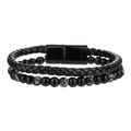 Herenarmband met dubbele laag van gevlochten leer met zwarte kralen en magneetsluiting - Sneeuwvlok Obsidiaan Stijl (ZJ14383)