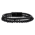 Pulsera para hombre de cuero trenzado con cuentas negras mate y piedra de lava natural - Estilo Piedra de Lava (ZJ14385)