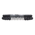 Tweeledige heren armbandenset met matte zwarte agaatkralen en zilveren accenten - Mat Zwart Zilveren Kralen Tweeledige Set (ZJ14280)