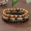 Set bracciale multistrato da uomo fatto a mano con occhio di tigre e perline in legno naturale - Stile Pietra Lavica Occhio di Tigre a Tre Strati (ZJ14519)