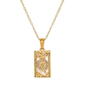 Gold stainless steel necklace with tarot The Wheel rectangle pendant and zircons - White Wheel of Fortune Style (ZJ13946)