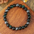 Detail of beaded bracelet featuring green aventurine, black agate, and silver metallic beads - Black Green Stripe Mixed With Metallic Luster Style (ZJ15800)