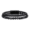 Herenarmband van dubbellaags gevlochten leer met zwarte lavasteen en natuursteen kralen - Labradoriet Stijl (ZJ14384)