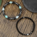 Vintage multi-layer men's turquoise and wood bead bracelet set on dark wood background - Natural Stone Beaded Style (ZJ14653)