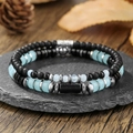 Men's vintage turquoise and wooden bead multi-layer stretch bracelet with matte black finish - Black Onyx Lava Stone Style (ZJ14652)