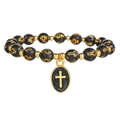 Pulsera religiosa con cuentas negras mate, cruces doradas y colgante de crucifijo ovalado - Negro (ZJ14699)