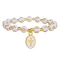 Pulsera de cuentas blancas con cruz dorada y colgante de crucifijo para oración - Blanco (ZJ14700)