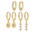 Tre paia di orecchini a stella placcati in oro con cristalli di zirconia scintillanti - Stile Combinato 3 Paia Ciondoli Stella (ZJ14453)