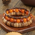 Handmade layered wooden bead bracelet set with natural agate stone in vintage style - Euro-American Retro Ethnic Tribal Style Set (ZJ14758)