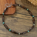Bohemian vintage long beaded necklace with brown wood beads and turquoise stones - Dark Brown Wood Beads With Turquoise (ZJ14809)
