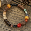 Handmade beaded bracelet with natural wood, agate, and mixed stone beads on dark wood background - Square Stone Agate Style (ZJ14823)