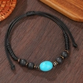 Adjustable woven bracelet with turquoise bead, volcanic stone and vintage metal spacers - Black Wax Cord with Turquoise and Lava Stone Style (ZJ14874)