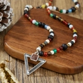 Ethnic beaded necklace with multi-color stones and a vintage triangle pendant for men - Multicolor Beaded Triangle Pendant Style (ZJ14900)