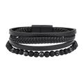 Pulsera multicapa para hombre de cuero negro con cuentas de ónix y cierre magnético - Estilo Piedra Estampada de Triple Capa (ZJ14833)