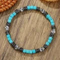 Boheems tijgeroog houten kralen armband met schedel en blauwe stenen op hout decor - ZJ15035-Turkoois Kubus Zilveren Schedel Armband