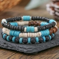 Three-piece set of wooden bead and turquoise stone bracelets with lava rock textures - Lava Rock & Cream Bead Vintage Mix (ZJ14257)
