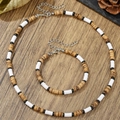 Bohemian heishi wood bead necklace and bracelet set with adjustable lobster clasp - Black White Brown Heishi Beaded Set (ZJ15055)