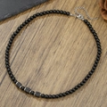 Men's retro beaded necklace with black lava stone and stainless steel chain detail - Matte Black Beads And Three Square Lava Stones Necklace (ZJ15057)