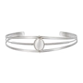 Elegant silver-colored stainless steel open bangle with centered oval white gemstone - Silver Oval Cat's Eye Style (ZJ8618)