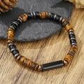 Tiger eye and wooden bead bracelet for men on rustic stone and wood background - Tiger Eye with Volcanic Stone Style (ZJ15042)