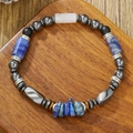Mens beaded bracelet with blue imperial stone and matte black agate on wood tray - Kyanite with Lapis Lazuli and Hematite Style (ZJ15125)
