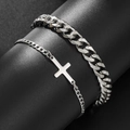 Silver stainless steel double-layered Cuban link bracelet set with a cross pendant - Cross Cuban Chain Bracelet Combination (ZJ15127)