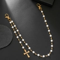 Hip hop pearl cross waist chain with gold beads and dual lobster clasps on black background - Gold Tone Pearl Cross Pendant Style (ZJ15161)