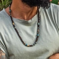 Men's ethnic wooden bead necklace with blue glass accents in a retro outdoor fashion look - Colored Glaze Ceramic Wood Necklace (ZJ15730)