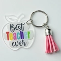 Acrylic apple keychain with pink tassel and Best Teacher Ever text on white background - Best Teacher Ever Style - Pink Tassel