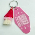 Detail of pink acrylic motel-style teacher keychain with a three-layer gradient tassel - TEACHER (5)