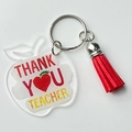 Porte-clés enseignant en acrylique avec texte de remerciement et gland rouge sur blanc - Style Chenille Merci - Gland Rouge