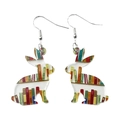 Vintage acrylic library rabbit earrings with colorful book shelf pattern on white background - Rabbit Style (5218005980456) / Colorful