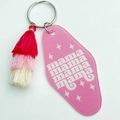 Detail of pink acrylic retro motel keychain with mama text and colorful fringe tassel - Mama Repeating Text Style / Rose Pink Gradient Tassel