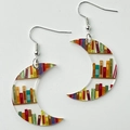 Detail of crescent acrylic earrings featuring library bookshelf patterns and silver hooks - Moon Style (5218005980458) / Colorful