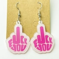 Funny pink middle finger acrylic earrings with Fuck You text on display card - Pink Gesture Style
