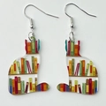 Acrylic cat silhouette earrings with colorful library bookshelf pattern on white background - Cat Style (5218005980459) / Colorful