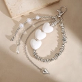 Silver metal keychain with white heart beads and pearls for bags or pants - Pearl Heart Metal Style (ZJ15971)