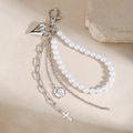 Layered keychain with white faux pearls, vintage coin, and silver heart pendant - Pearl Coin Cross Style (ZJ15972)
