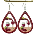 Macro detail of wine-themed wooden teardrop earrings with wine bottle and glass prints - Waterdrop Wine Style (5)