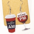 Asymmetric acrylic earrings featuring red coffee cup AM and wine glass PM designs - Coffee and Wine Asymmetric (24010504) / Red White
