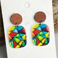 Vintage art glass floral earrings with wooden studs and colorful geometric acrylic charms - Round Wood Grain Geometric Style (8)