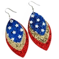 Red white and blue American flag themed layered leaf earrings with glitter leather detail - Three-Layer Leaf Gold Red Blue Sequin Style (1)