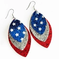 Detail of triple-layered American flag earrings with red, silver, and blue glitter feathers - Three-Layer Leaf Silver Red Blue Sequin Style (2)