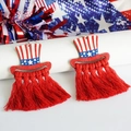 Handmade US Independence Day earrings featuring flag hat design and red bohemian tassels - American Top Hat Red Tassel Style(3)