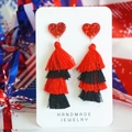 Handmade heart earrings with red glitter and four-tier red and black silk tassels - Red Black Style 2